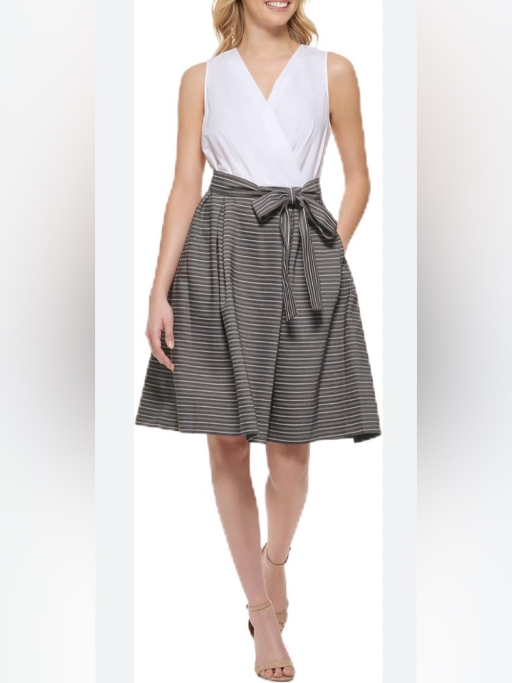 ♥️ TOMMY HILFIGER Striped Gray/Black/ White A-Line Tie-Waist Dress
